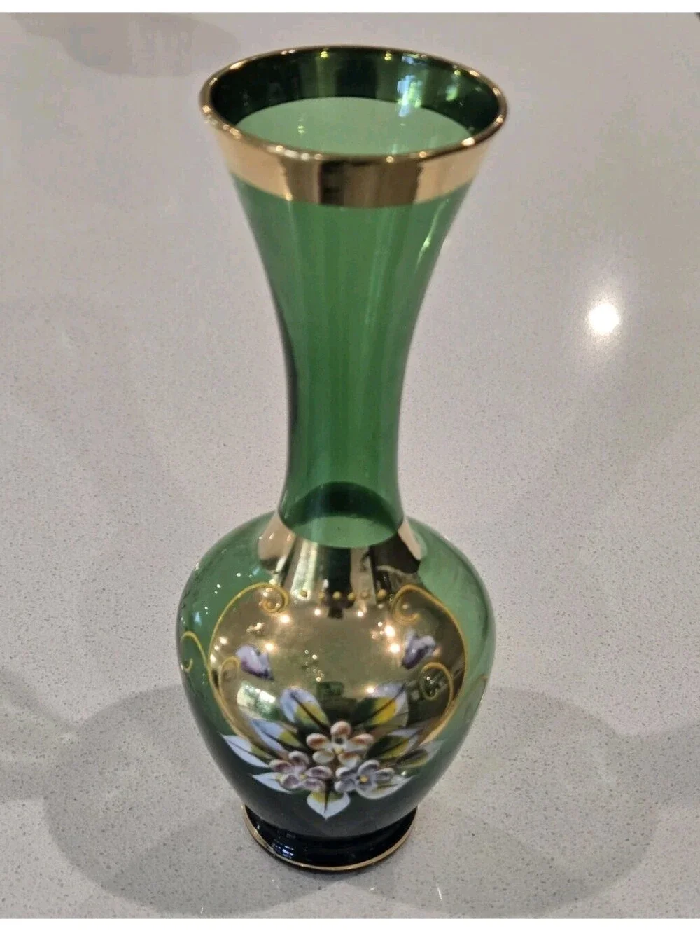 VTG MCM Venetian Glass Vase Green Gold Gilt Hand Painted Flowers Bud Vase